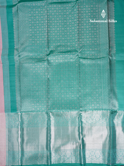 Beautiful Baby Pink Pure Kanjivaram Silk Saree With Contrast Sapphire Green Blouse