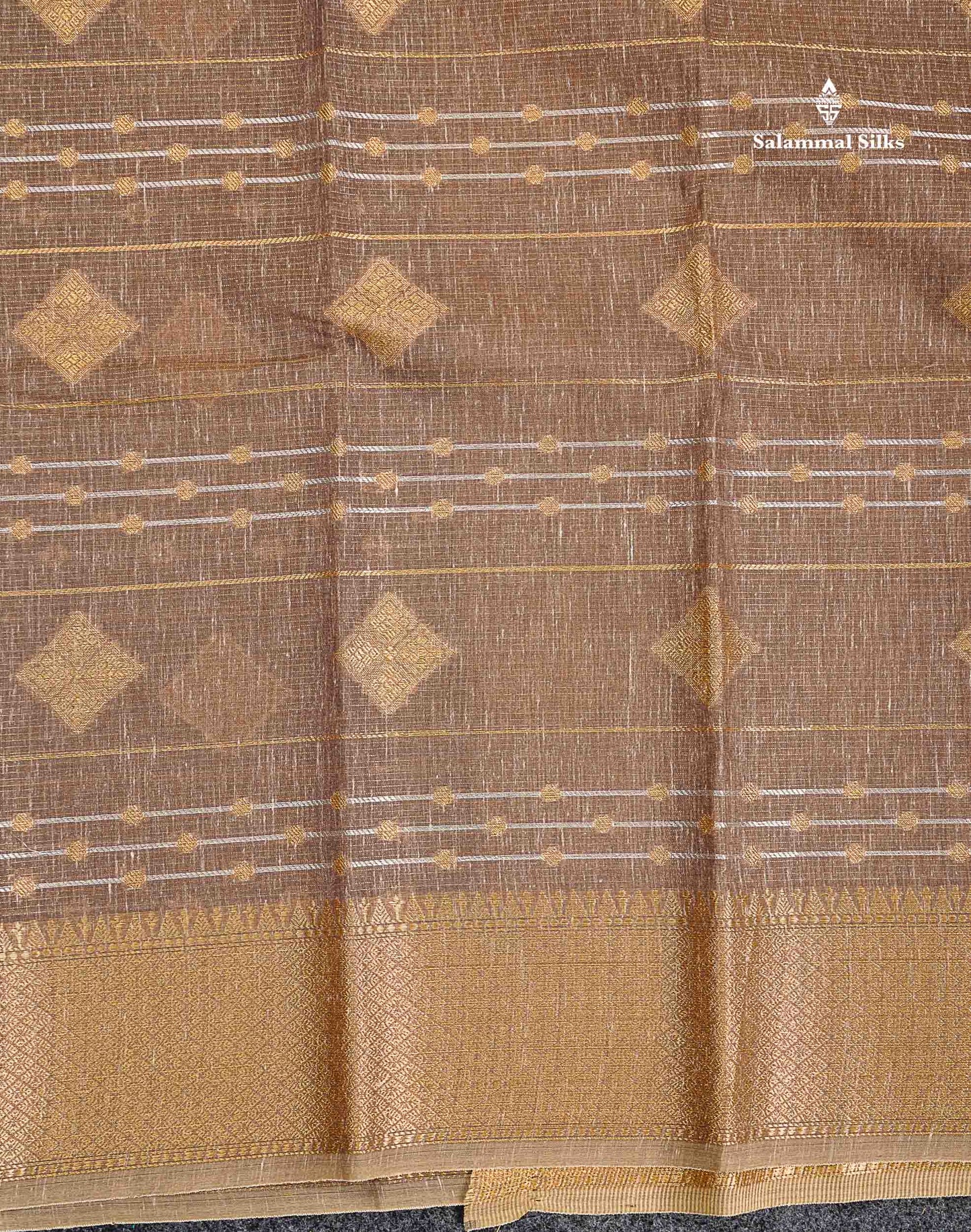 Linen Cotton Mix Saree - Brown Gold & Silver Zari Lines Along With Traditional Border
