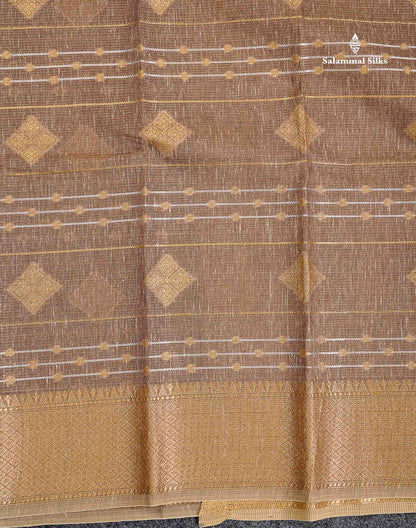 Linen Cotton Mix Saree - Brown Gold & Silver Zari Lines Along With Traditional Border