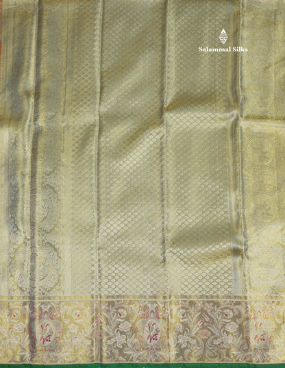 Dual Tone Pinkish Orange Tissue Bridal Pure Kanjivaram Silk Saree With Contrast Half White Border