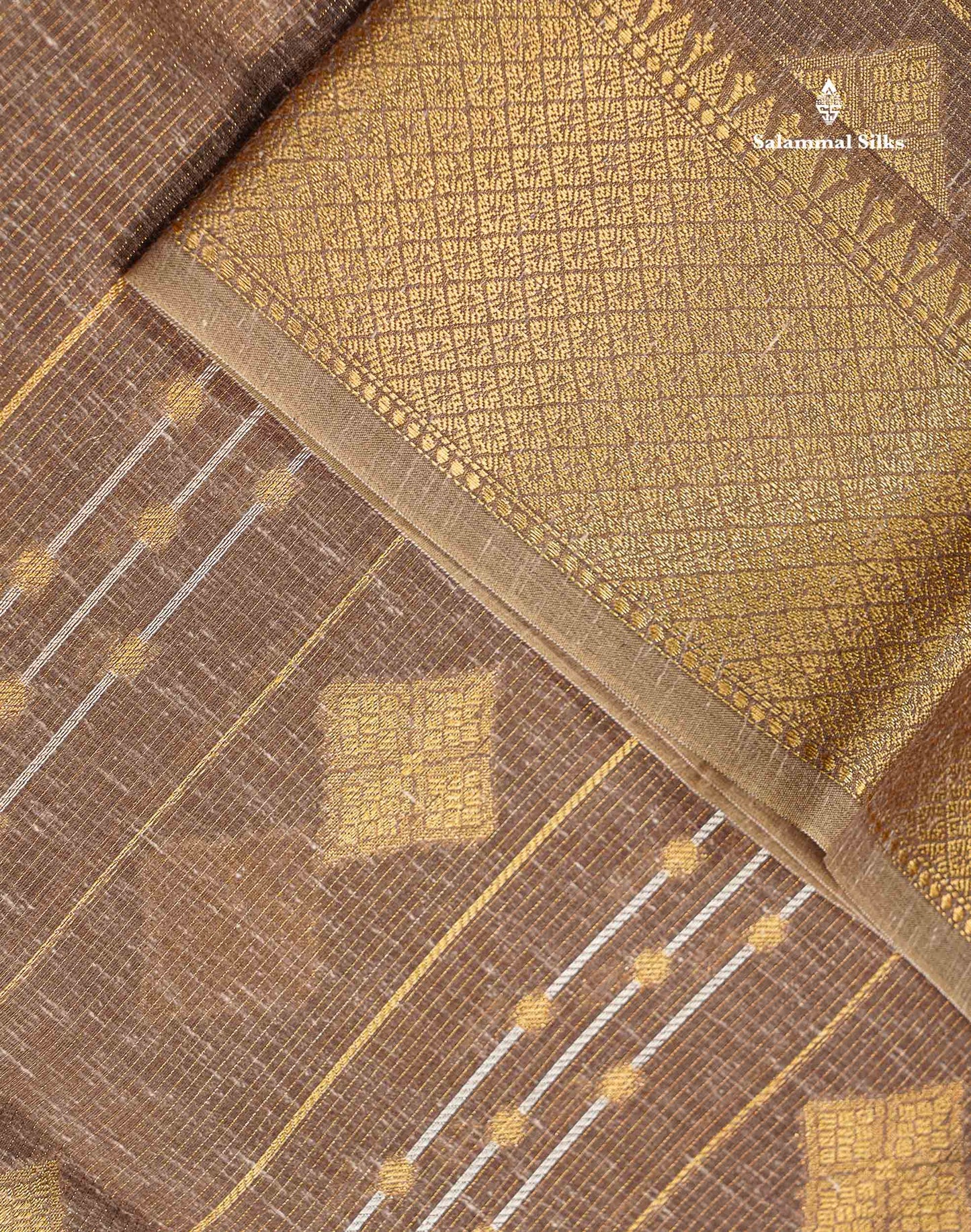 Linen Cotton Mix Saree - Brown Gold & Silver Zari Lines Along With Traditional Border