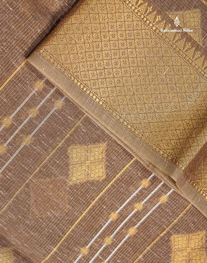 Linen Cotton Mix Saree - Brown Gold & Silver Zari Lines Along With Traditional Border