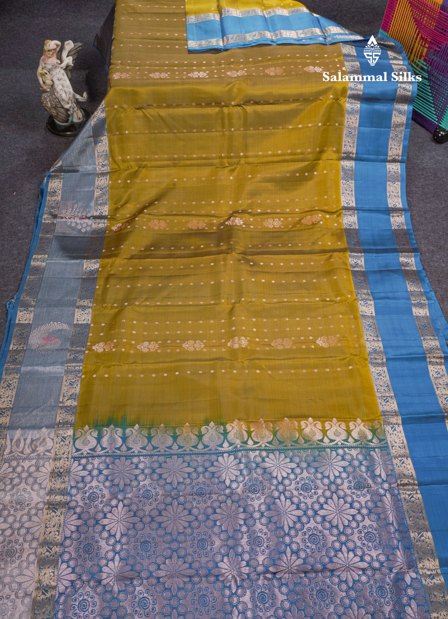 Mehandi Green Puremix Silk Saree With Contrast Peacock Blue Double Border