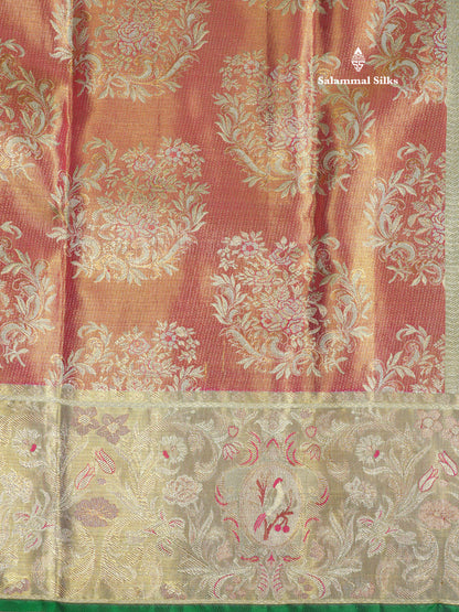 Dual Tone Pinkish Orange Tissue Bridal Pure Kanjivaram Silk Saree With Contrast Half White Border