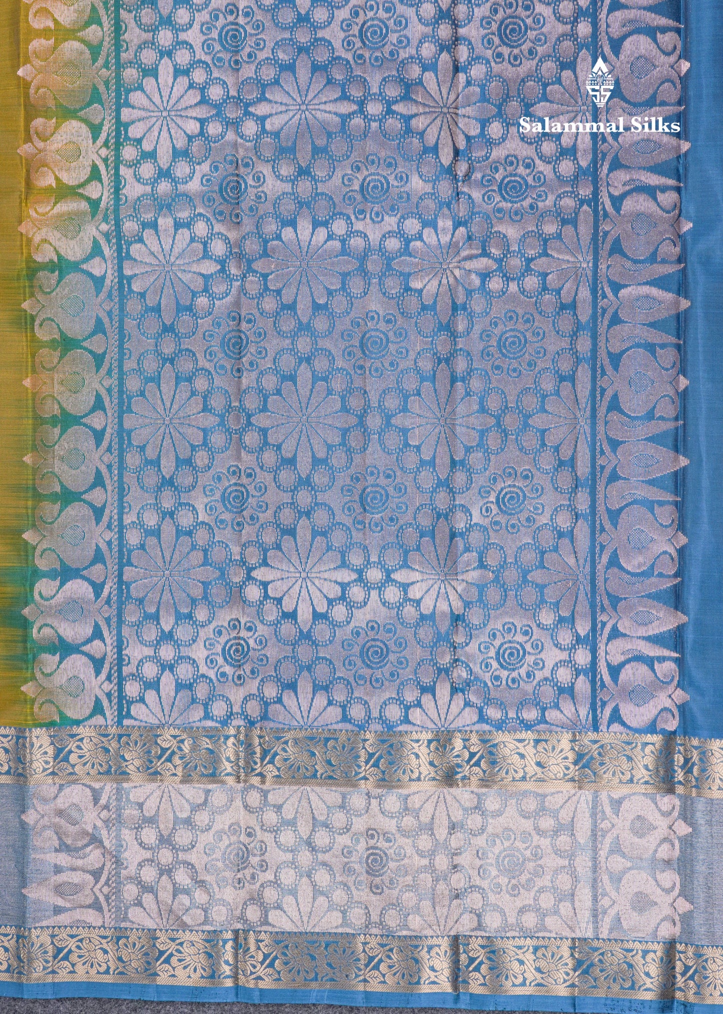 Mehandi Green Puremix Silk Saree With Contrast Peacock Blue Double Border