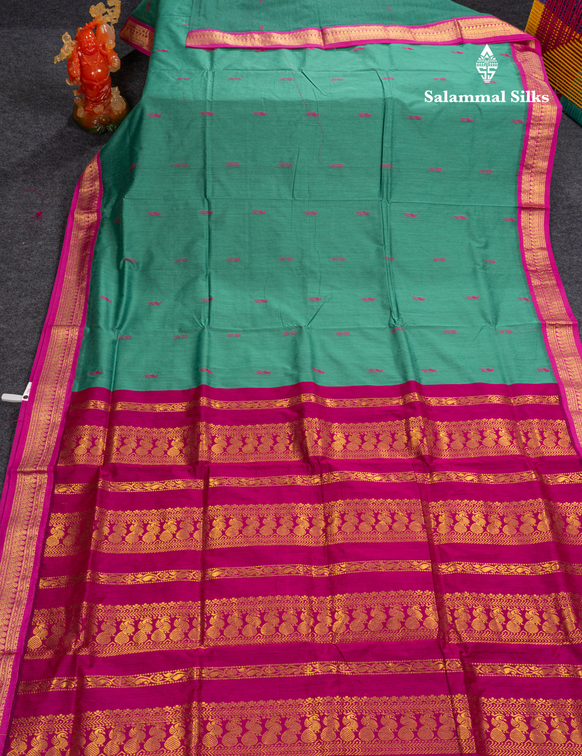 Saffire Green Kalyani Cotton Saree With Contrast Magenta Pink Blouse