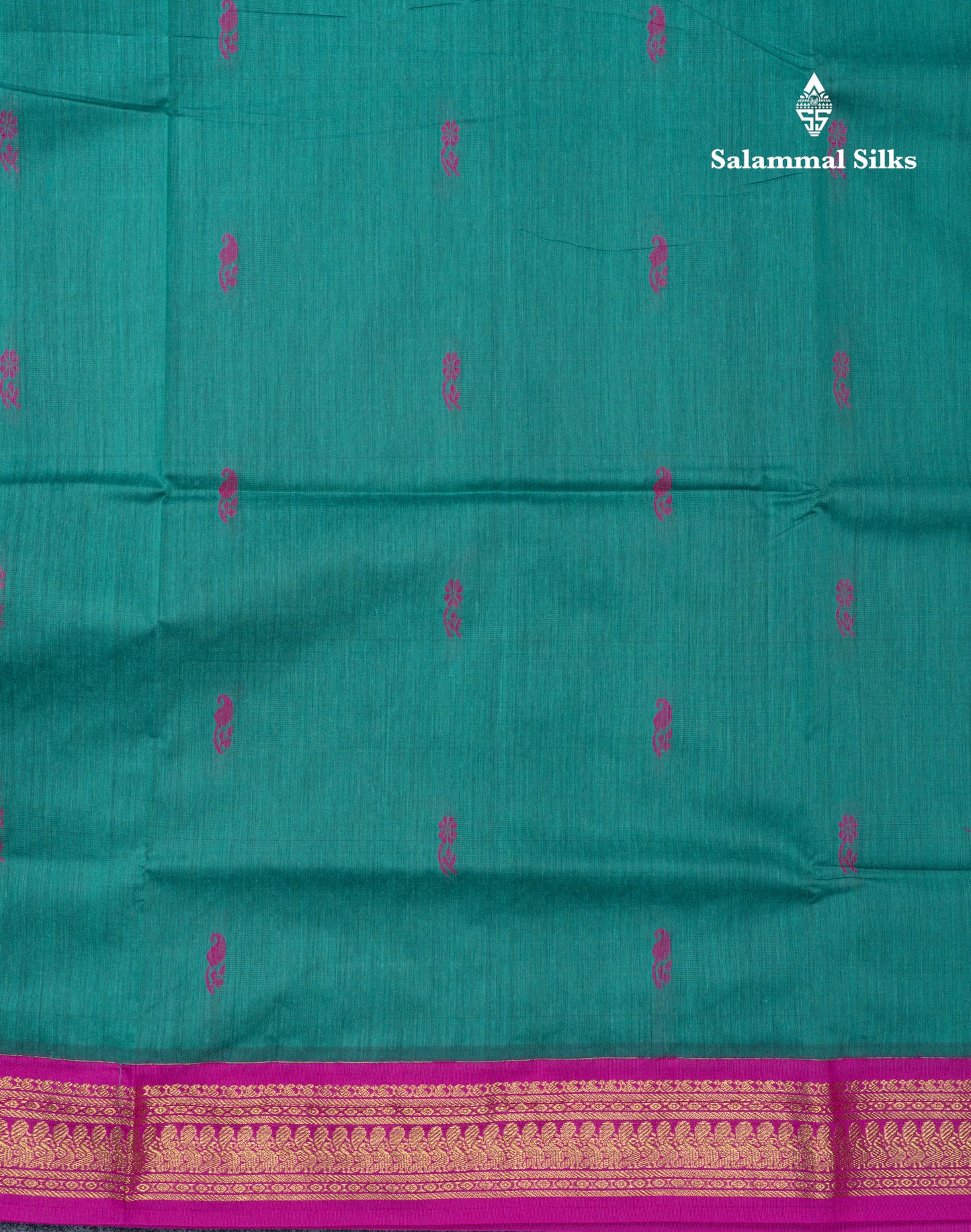 Saffire Green Kalyani Cotton Saree With Contrast Magenta Pink Blouse