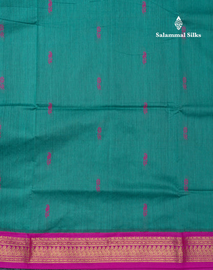 Saffire Green Kalyani Cotton Saree With Contrast Magenta Pink Blouse