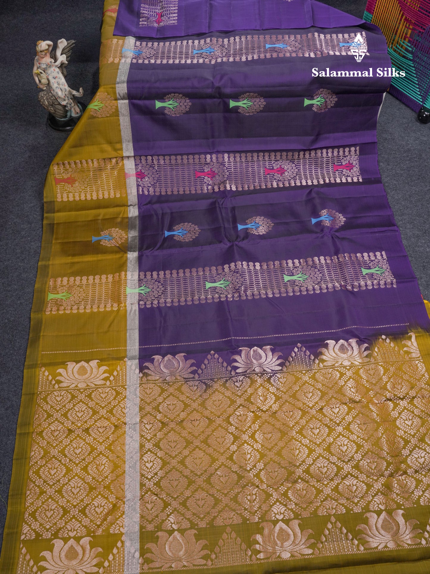 Beautiful Violet Meenakari Thread Work Puremix Silk Saree With Contrast Mehandi Green Long Border