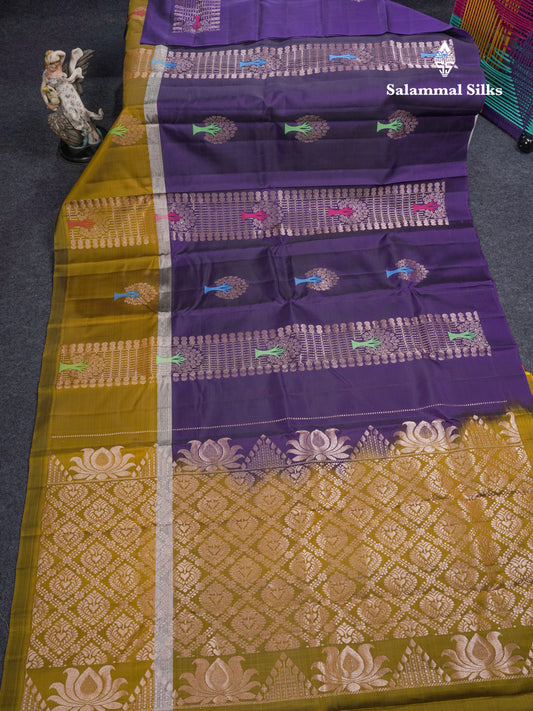 Beautiful Violet Meenakari Thread Work Puremix Silk Saree With Contrast Mehandi Green Long Border