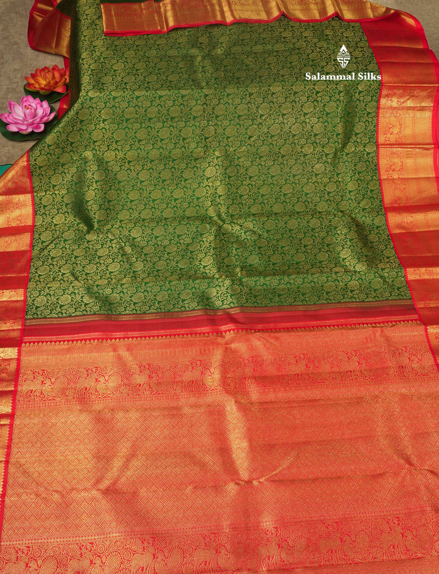 Beautiful Korvai Bottle Green Pure Kanjivaram Silk Saree (2G) Zari With Contrast Chilly Red Border