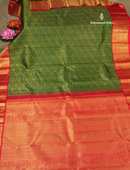 Beautiful Korvai Bottle Green Pure Kanjivaram Silk Saree (2G) Zari With Contrast Chilly Red Border