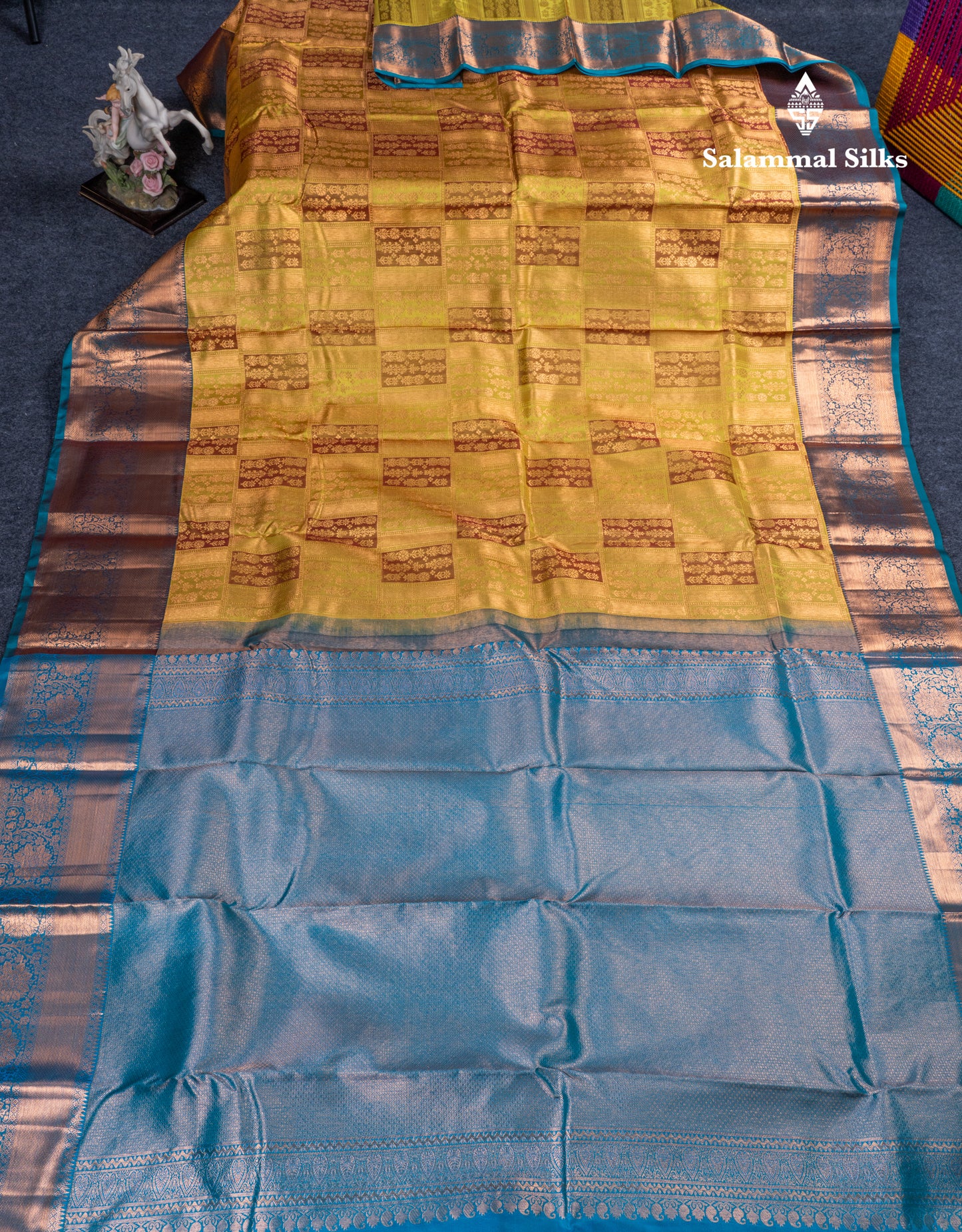 Light Mustard Yellow Bridal Pure Kanjivaram Silk Saree With Contrast Peacock Blue Traditional Border