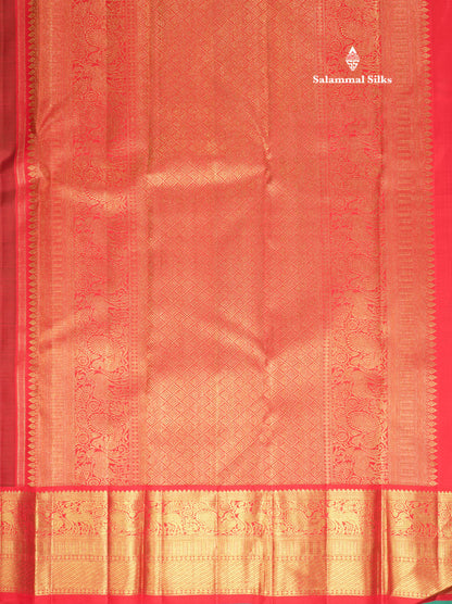 Beautiful Korvai Bottle Green Pure Kanjivaram Silk Saree (2G) Zari With Contrast Chilly Red Border