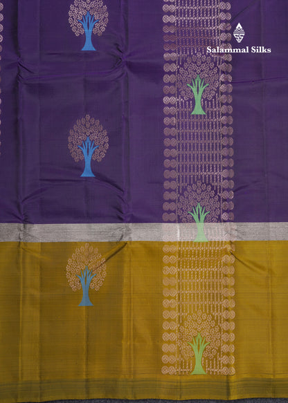 Beautiful Violet Meenakari Thread Work Puremix Silk Saree With Contrast Mehandi Green Long Border