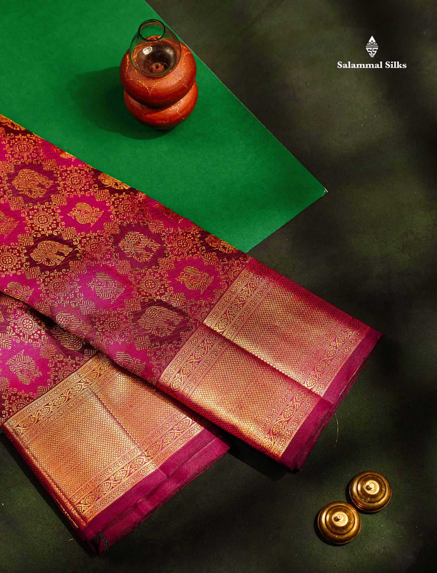 Beautiful Magenta Elephant & Peacock Butta Bridal Pure Kanjivaram Silk Saree With Traditional Border