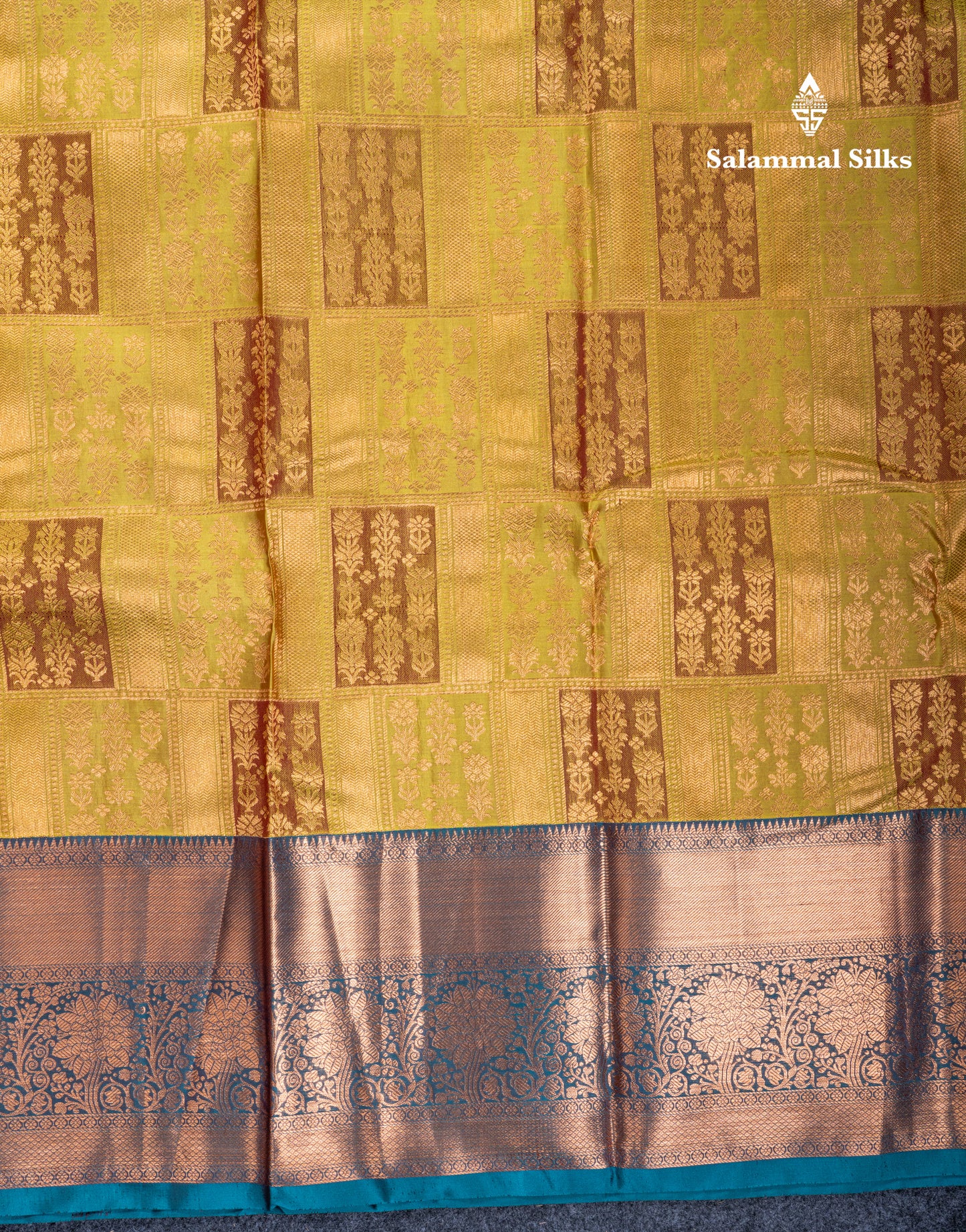 Light Mustard Yellow Bridal Pure Kanjivaram Silk Saree With Contrast Peacock Blue Traditional Border