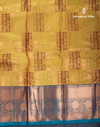 Light Mustard Yellow Bridal Pure Kanjivaram Silk Saree With Contrast Peacock Blue Traditional Border