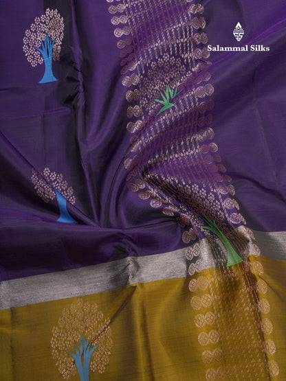 Beautiful Violet Meenakari Thread Work Puremix Silk Saree With Contrast Mehandi Green Long Border