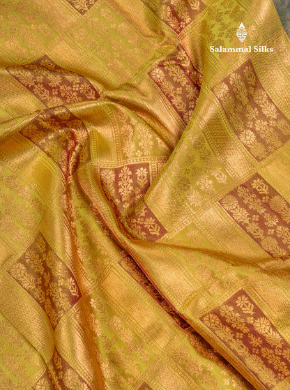 Light Mustard Yellow Bridal Pure Kanjivaram Silk Saree With Contrast Peacock Blue Traditional Border