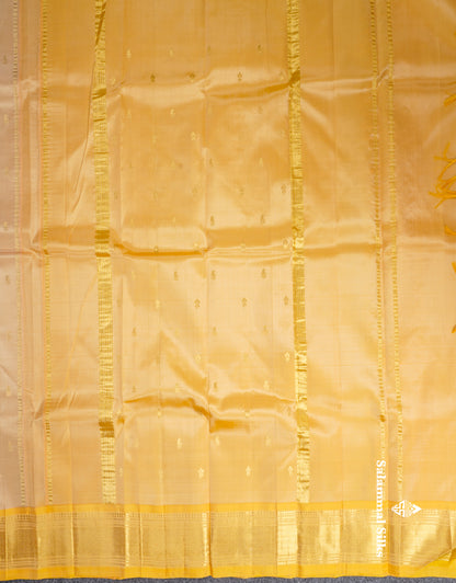 Beige Pure Kanjivaram Silk Saree With Contrast Yellow One Side Border
