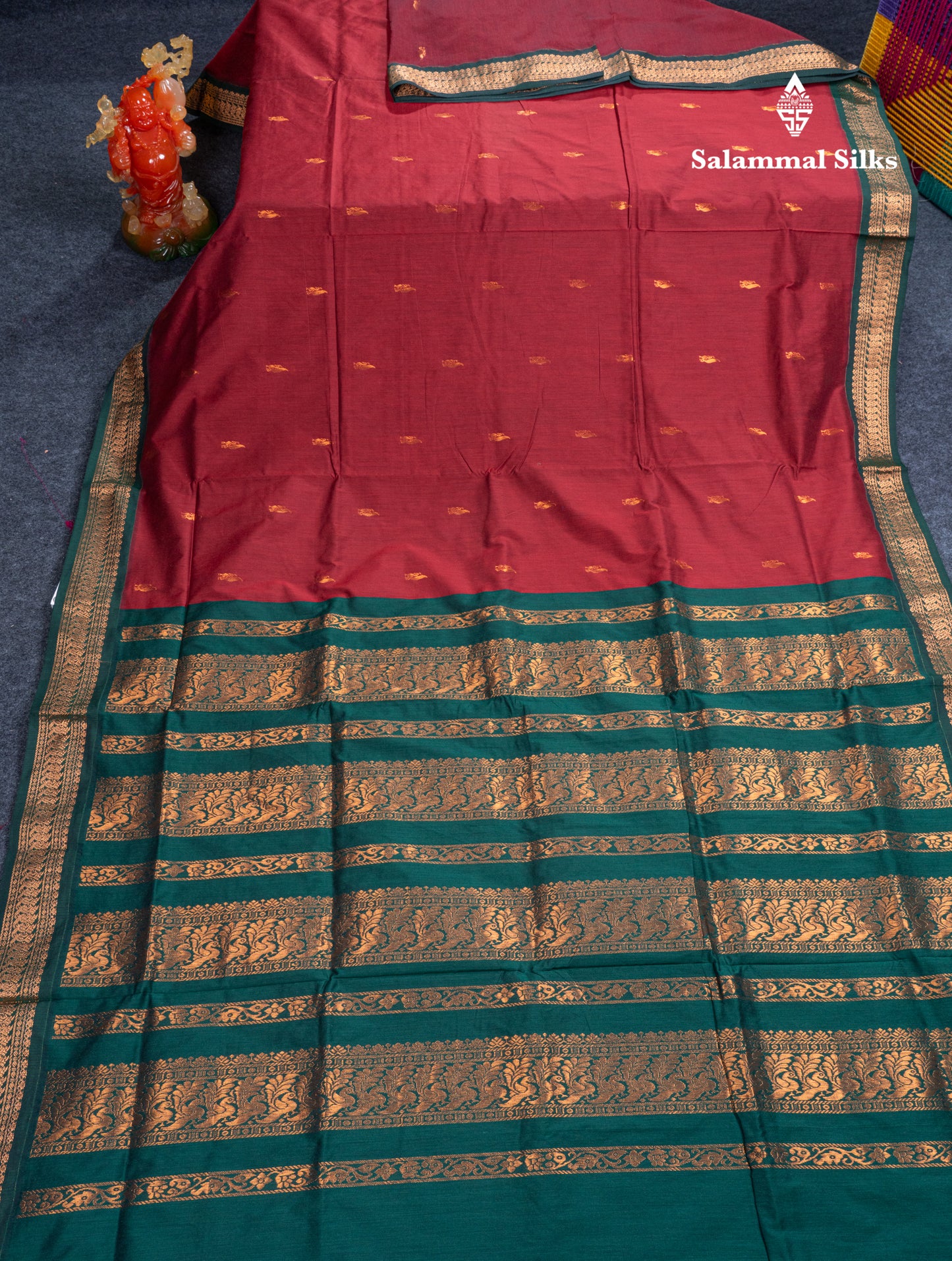 Dark Maroon Kalyani Cotton Saree With Contrast Bottle Green Blouse