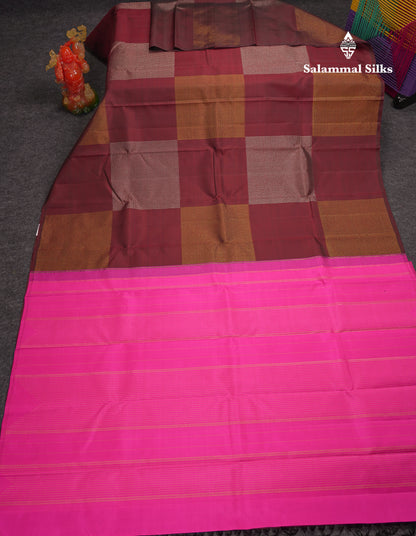 Beautiful Dark Maroon Silver & Gold Zari Fancy Pure Kanjivaram Silk Saree With Contrast Pink Blouse
