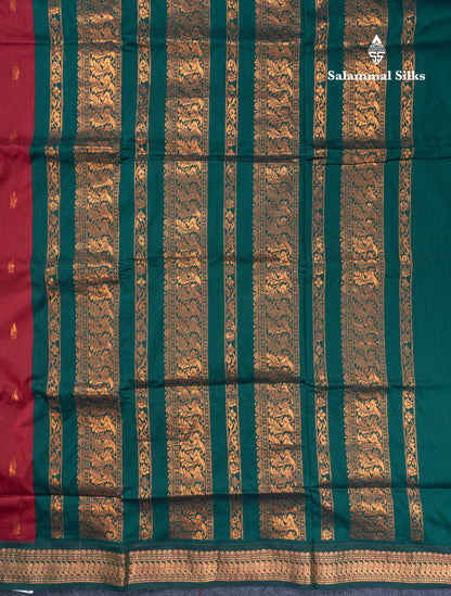 Dark Maroon Kalyani Cotton Saree With Contrast Bottle Green Blouse