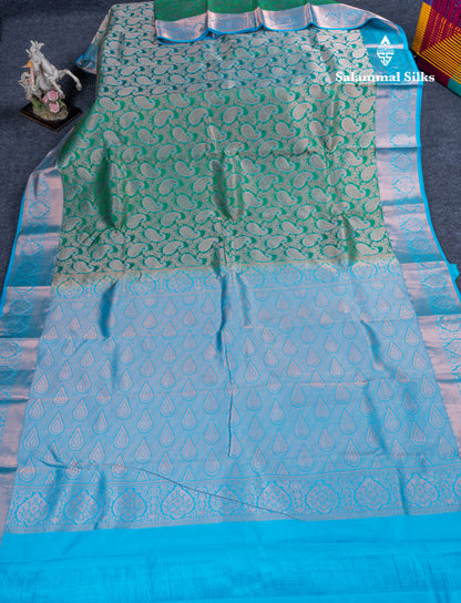 Saffire Green Bridal Pure Mix Kanjivaram Silk Saree With Contrast Sky Blue Border