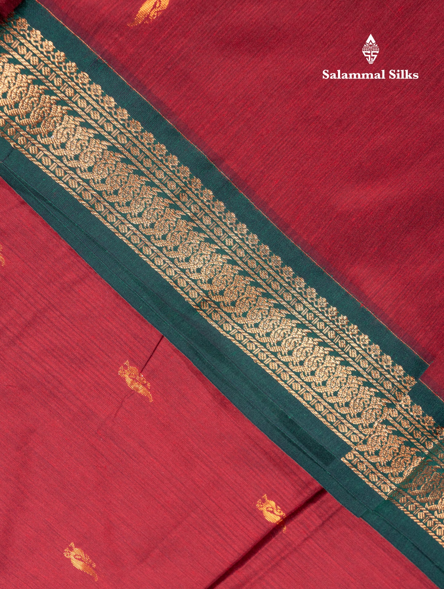Dark Maroon Kalyani Cotton Saree With Contrast Bottle Green Blouse