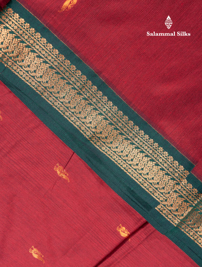 Dark Maroon Kalyani Cotton Saree With Contrast Bottle Green Blouse