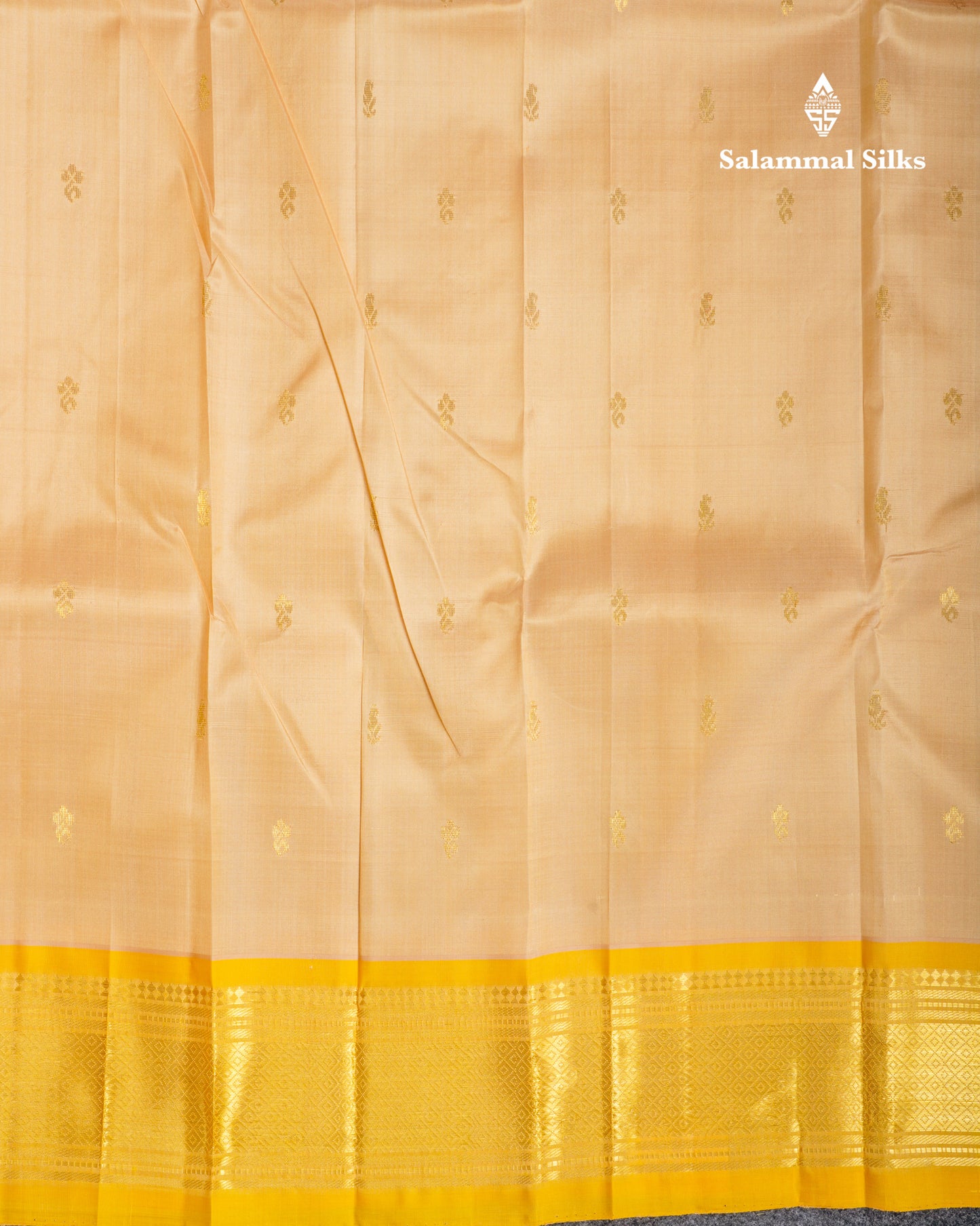 Beige Pure Kanjivaram Silk Saree With Contrast Yellow One Side Border
