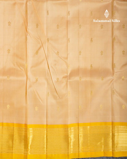 Beige Pure Kanjivaram Silk Saree With Contrast Yellow One Side Border