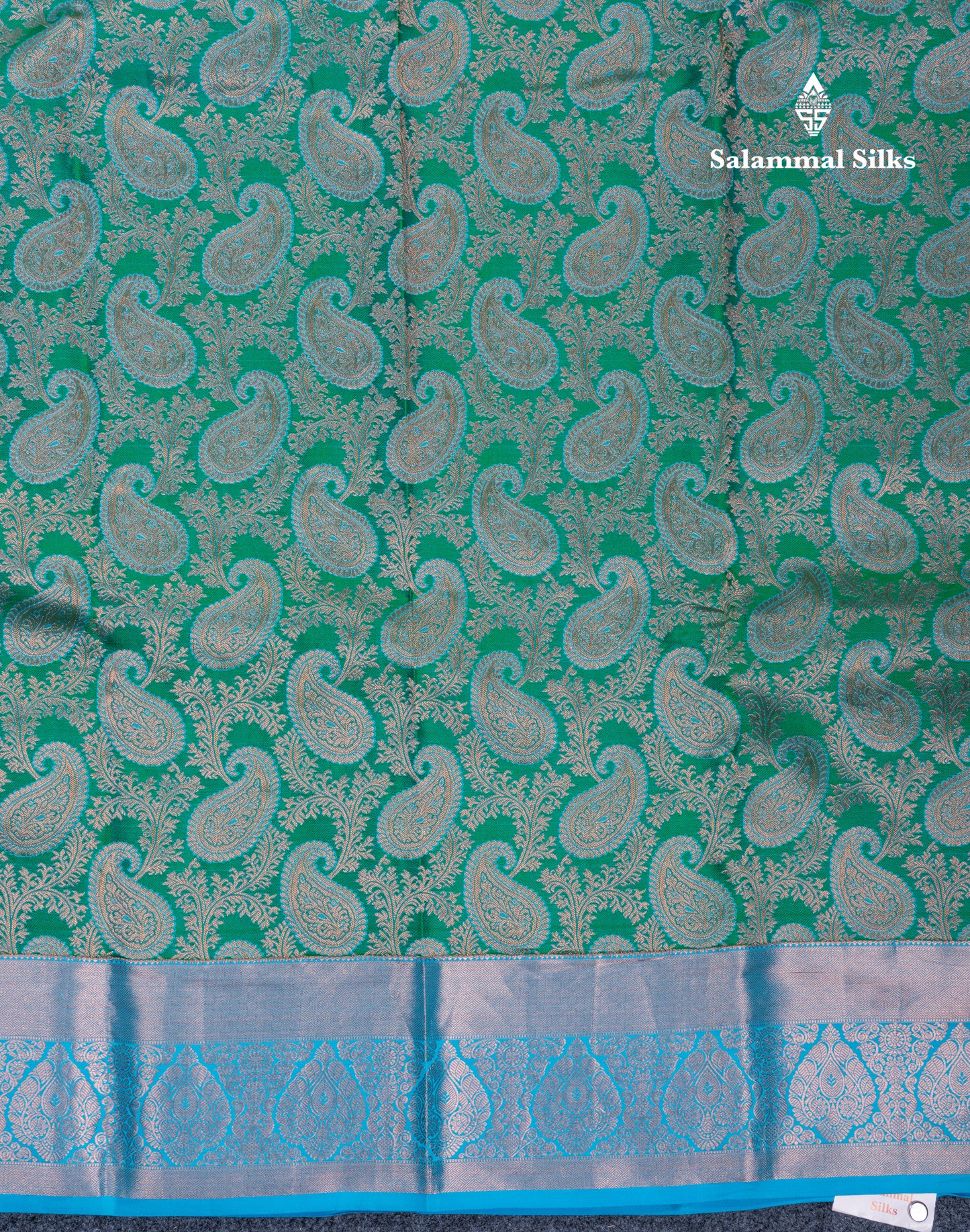 Saffire Green Bridal Pure Mix Kanjivaram Silk Saree With Contrast Sky Blue Border