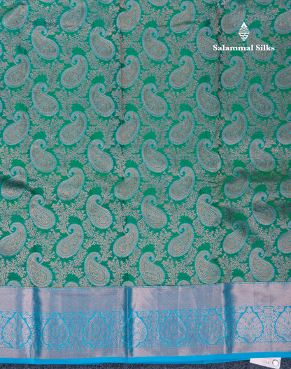 Saffire Green Bridal Pure Mix Kanjivaram Silk Saree With Contrast Sky Blue Border