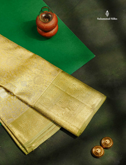Light Elaichi Green Tissue Bridal Pure Kanjivaram Silk Saree With Contrast Light Green Traditional Evening Morning Border