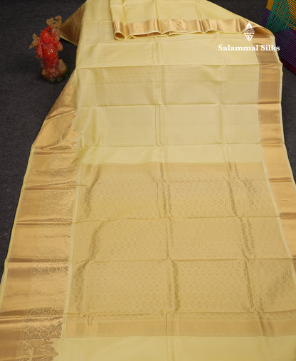 Beautiful Light Yellow Pure Kanjivaram Silk Saree With Traditional Pallaku Border