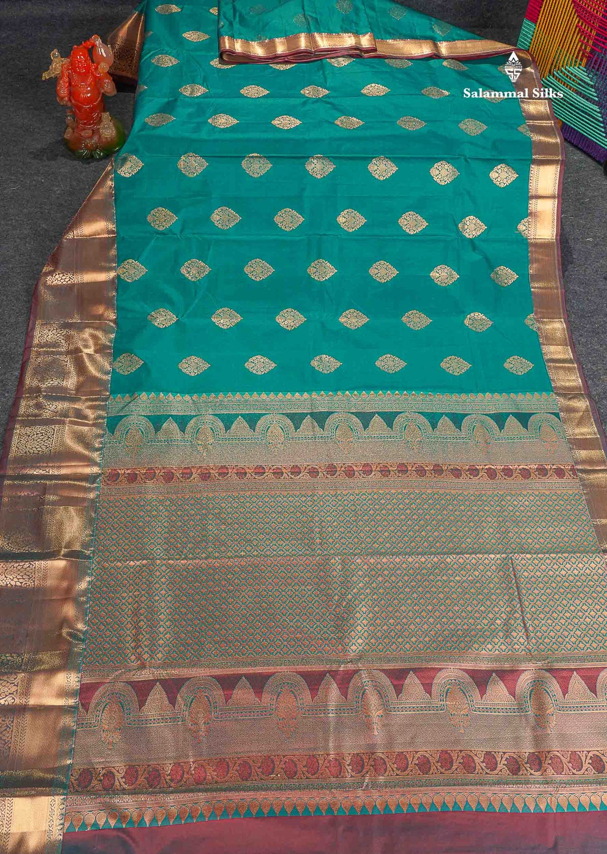 Semi Silk Saree - Teal Blue Colour Body With Contrast Dual Tone Maroon Traditional Evening Morning Border