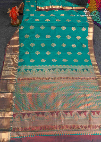 Semi Silk Saree - Teal Blue Colour Body With Contrast Dual Tone Maroon Traditional Evening Morning Border