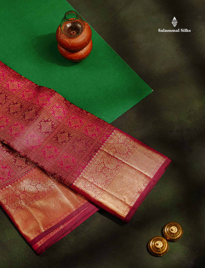 Magenta & Magenta Pink Checks Bridal Pure Kanjivaram Silk Saree With Self Border