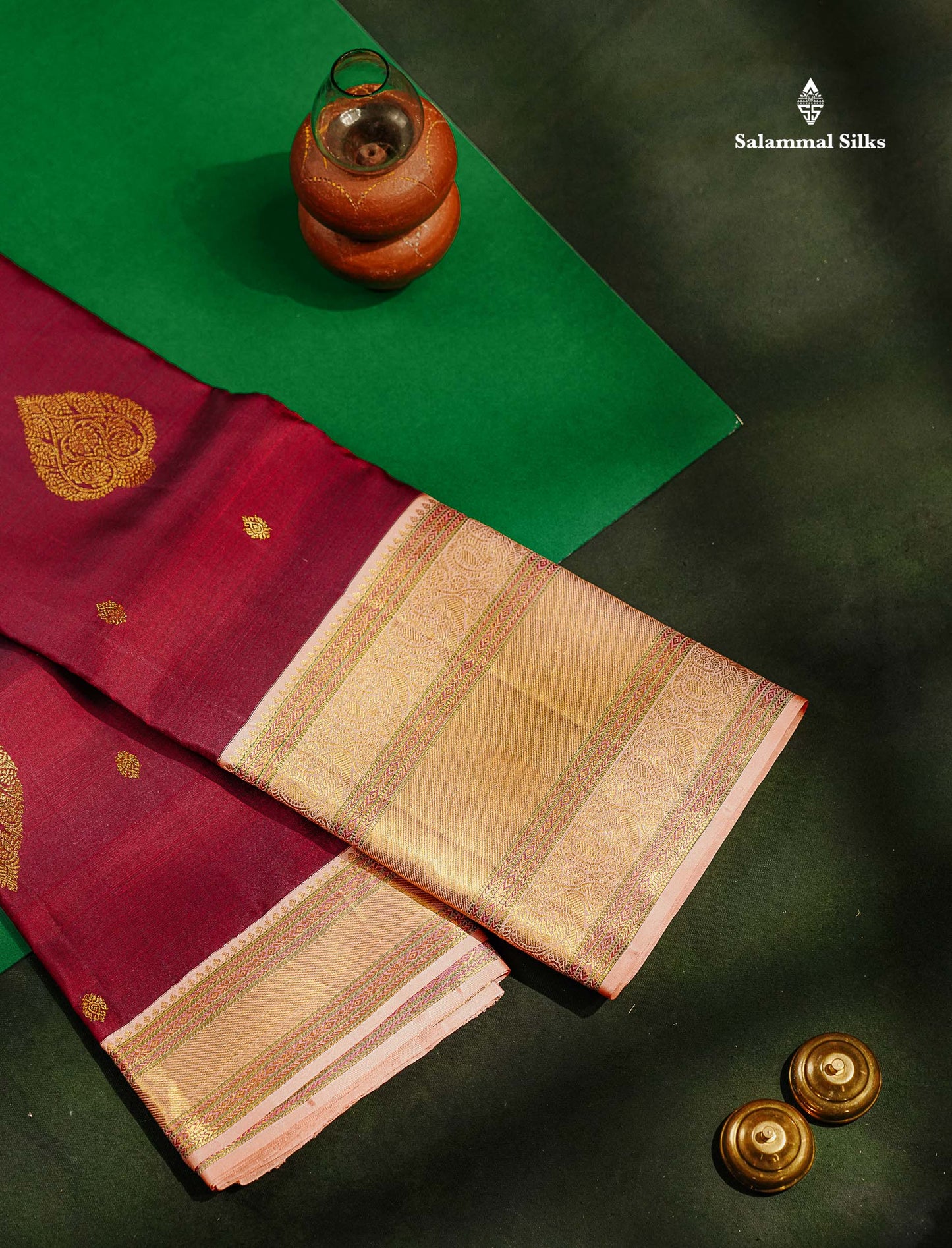 Korvai Beautiful Magenta Pure Kanjivaram Silk Saree With Contrast Dark Peach Traditional Evening Morning Border