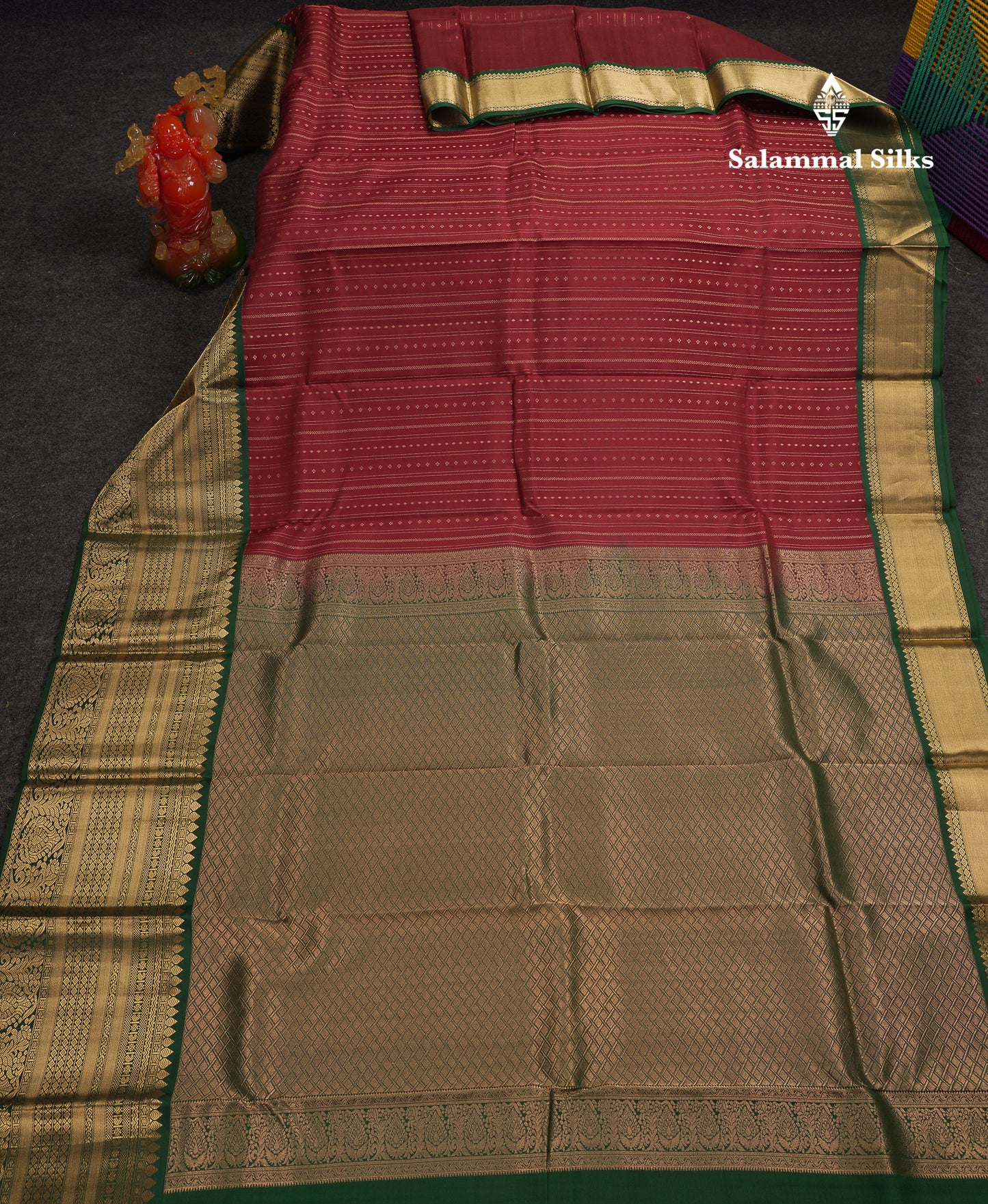 Beautiful Dark Maroon Pure Kanjivaram Silk Saree with Contrast Bottle Green Traditional Evening Morning Border