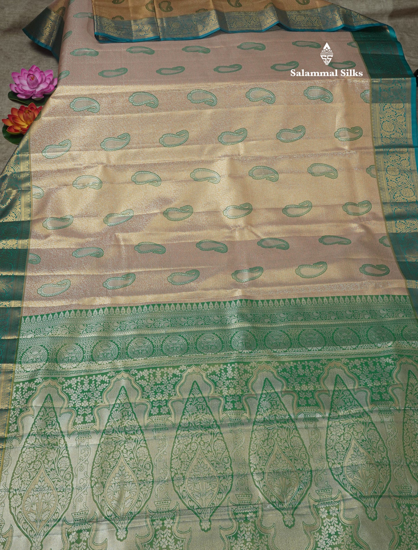 Light Green Tissue Bridal Semi Silk Saree With Contrast Magenta Border