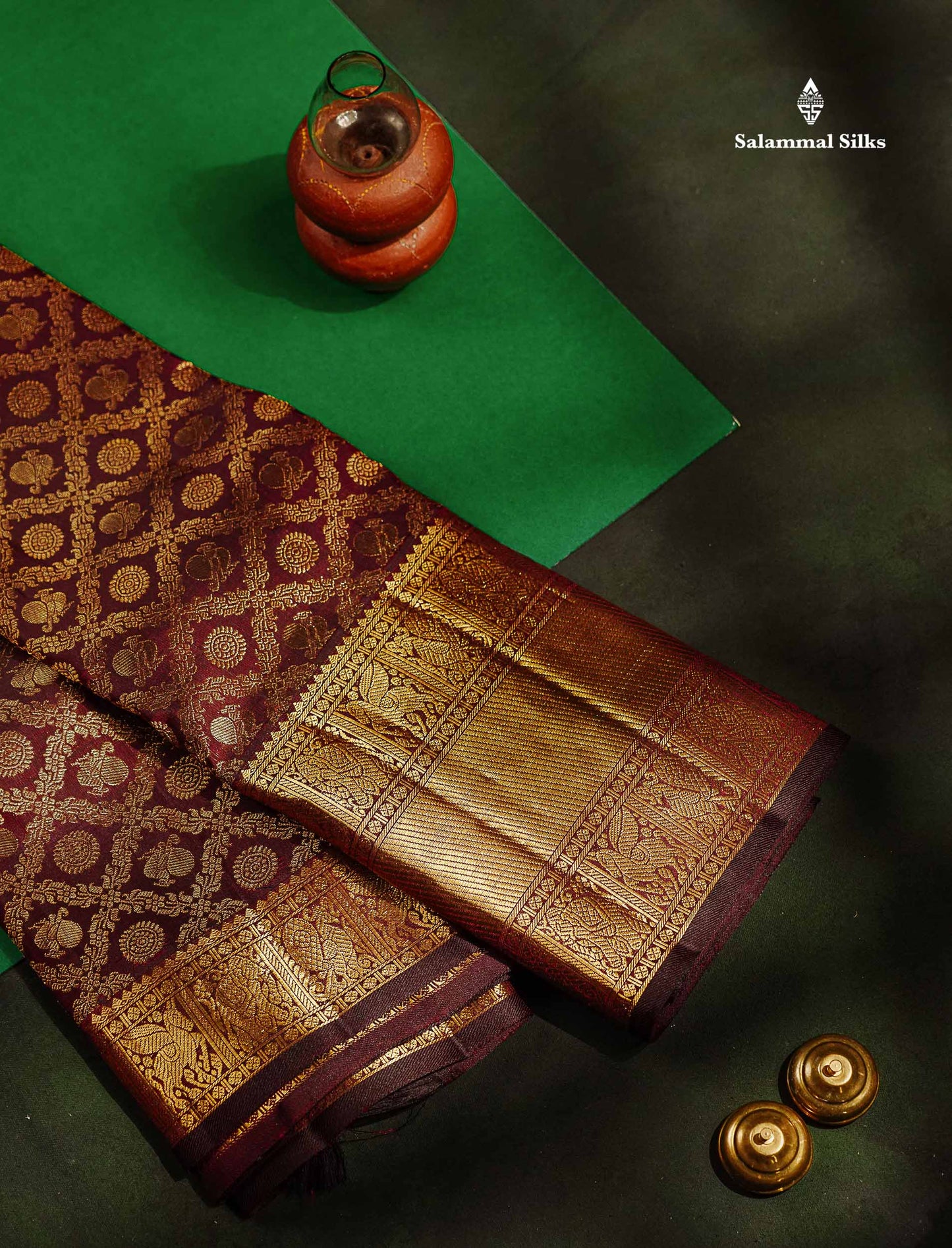 Beautiful Dark Magenta Peacock & Chakaram Butta Bridal 2G Pure Kanjivaram Silk Saree With Traditional Evening Morning Border