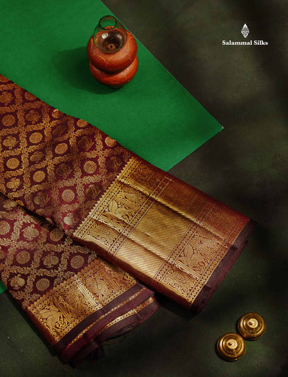 Beautiful Dark Magenta Peacock & Chakaram Butta Bridal 2G Pure Kanjivaram Silk Saree With Traditional Evening Morning Border