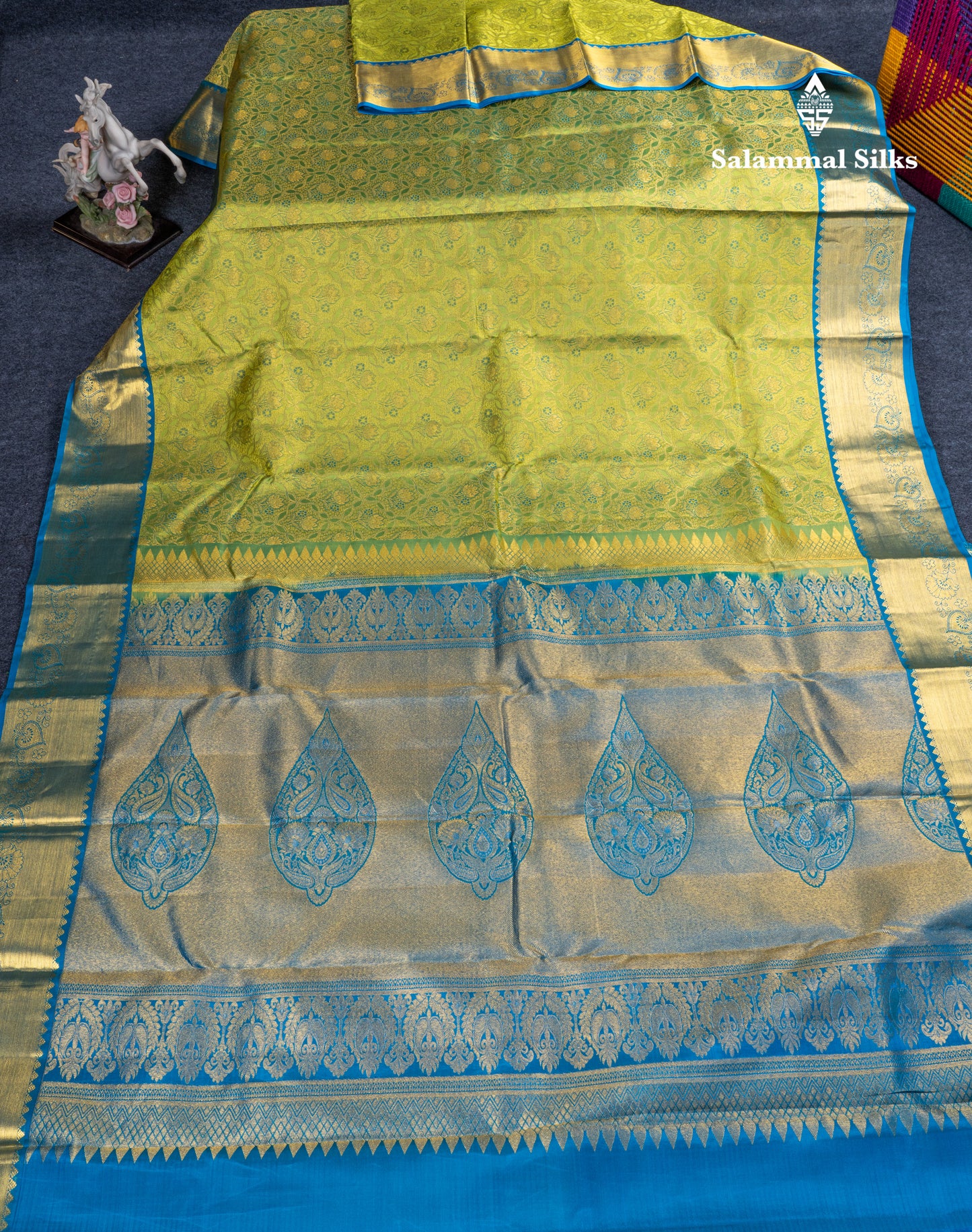Parrot Green Bridal Pure Kanjivaram Silk Saree With Contrast Peacock Blue Blouse