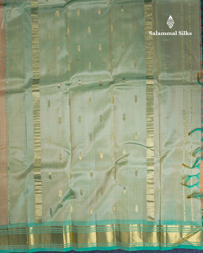 Peach Pure Kanjivaram Silk Saree With Contrast Rexona One Side Border