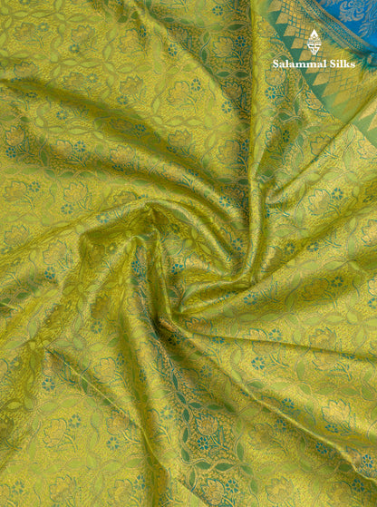 Parrot Green Bridal Pure Kanjivaram Silk Saree With Contrast Peacock Blue Blouse