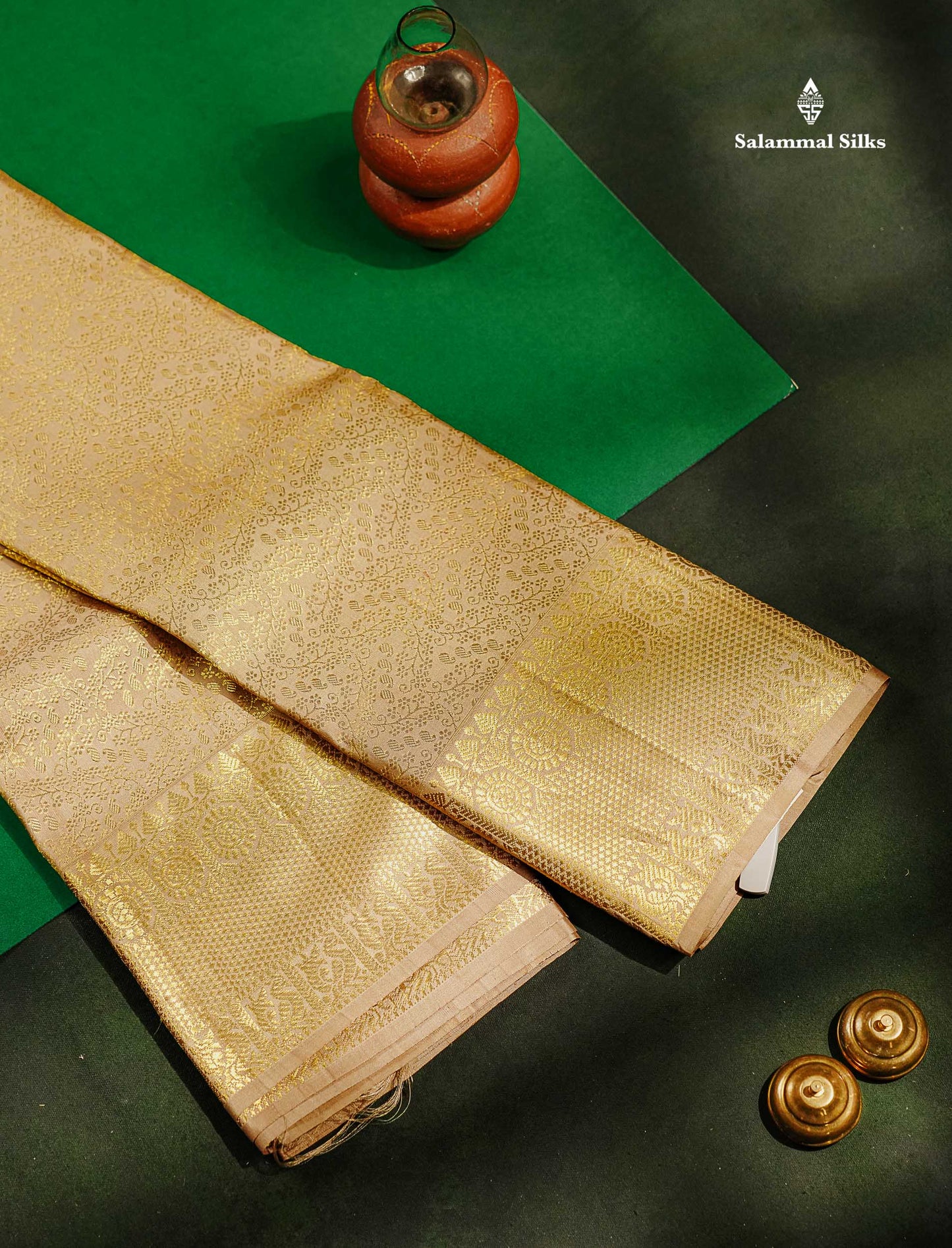 Beautiful Cream Sandal Pure Kanjivaram Silk Saree With Traditional Border