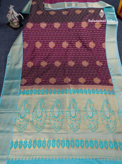Dark Purple Semi Silk Saree With Contrast Pastel Blue Border